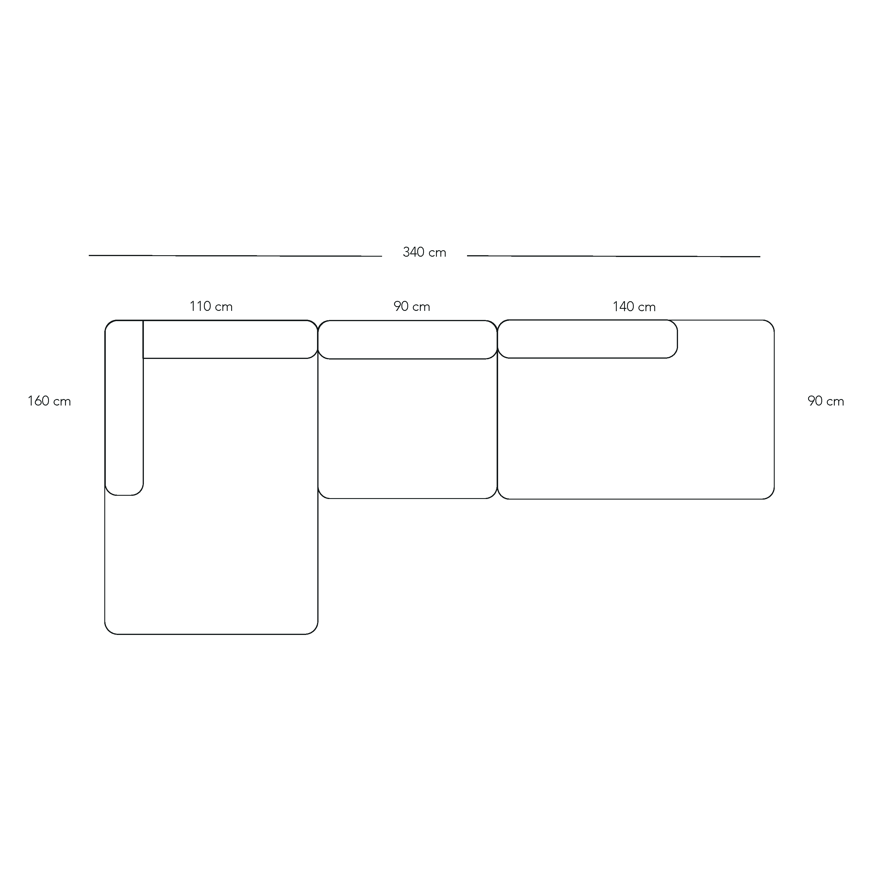 BASECAMP XL Open End - Venstre Chaiselongue, 3 moduler, 160x340cm