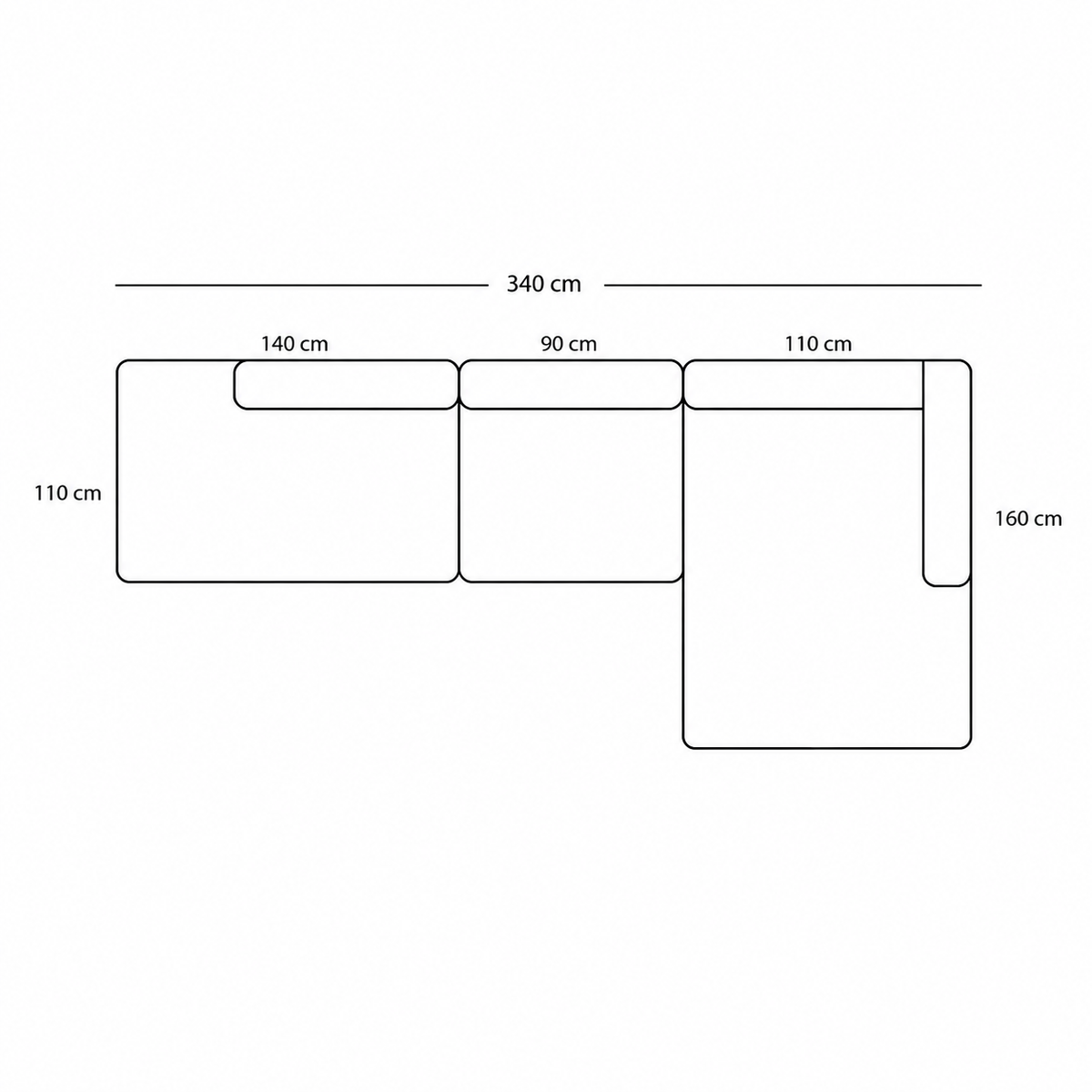 BASECAMP XL Deep Open End - Højre Chaiselongue, 3 moduler, 160x340 cm