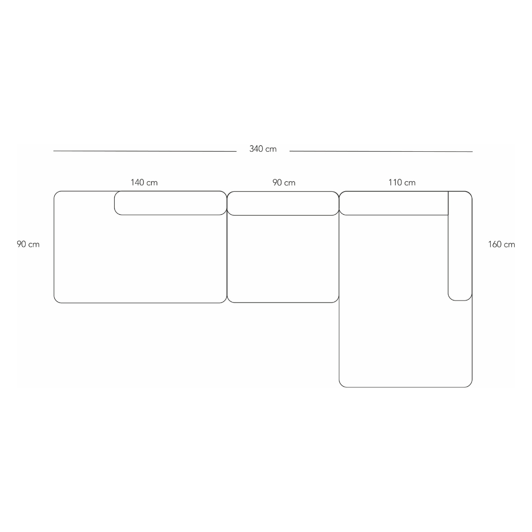 BASECAMP XL Open End - højre chaiselounge, 3 moduler, 160x340cm